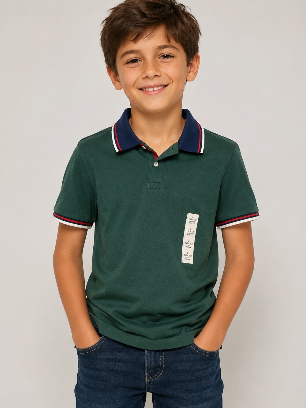 Cat & Jack Green Polo with Navy Contrast Collar and Red Trim boys size 10/12